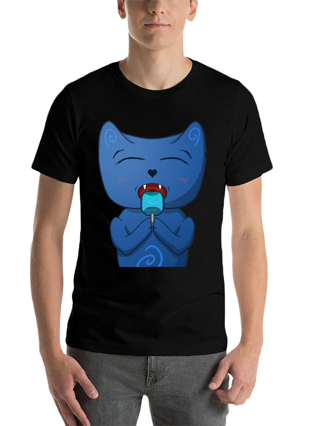 Black Cool Cat Licking Popsicle Black T-Shirt view 7
