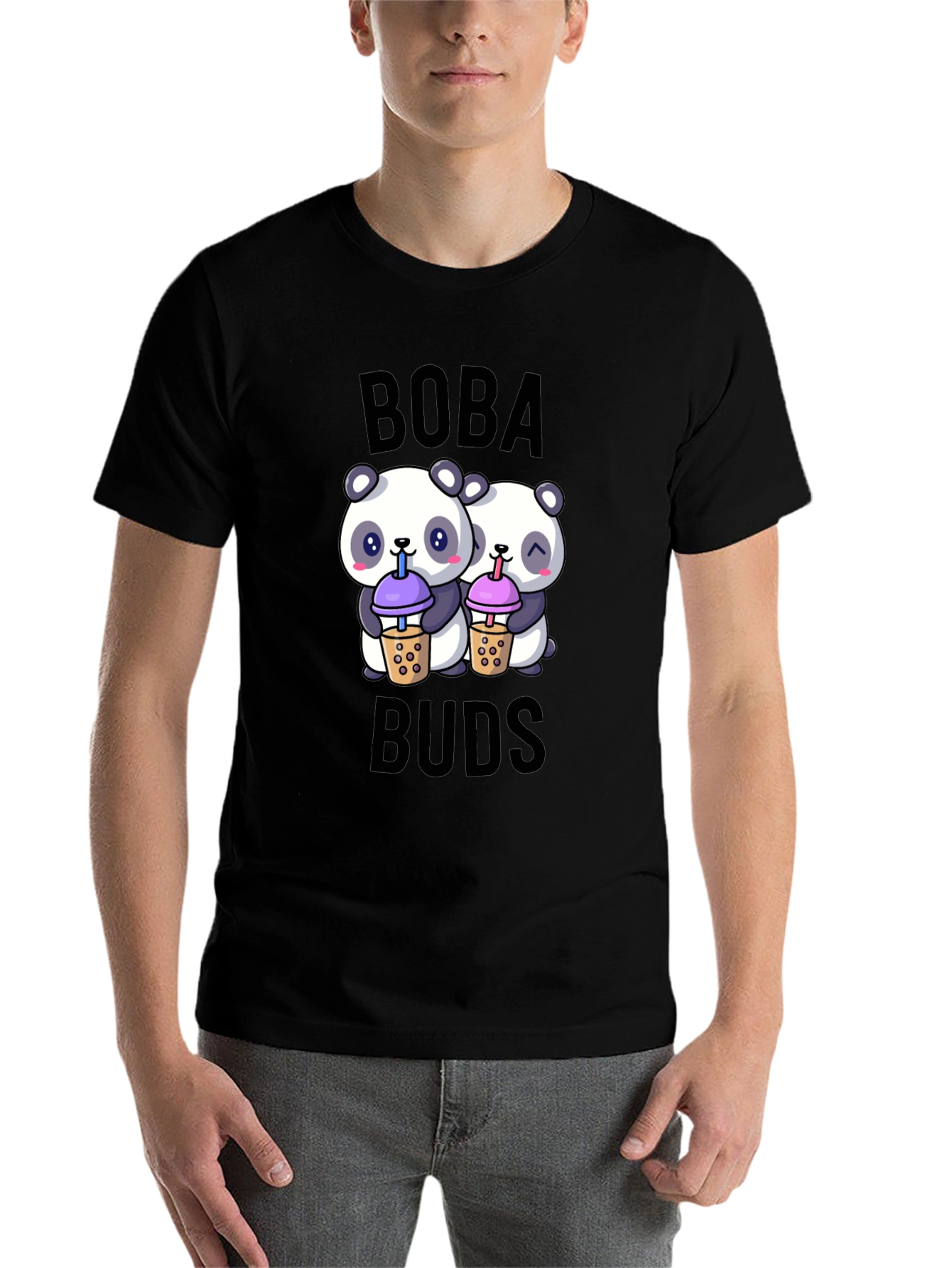 Black Boba Buds Panda T-Shirt: Cute Bubble Tea Lover Tee view 7