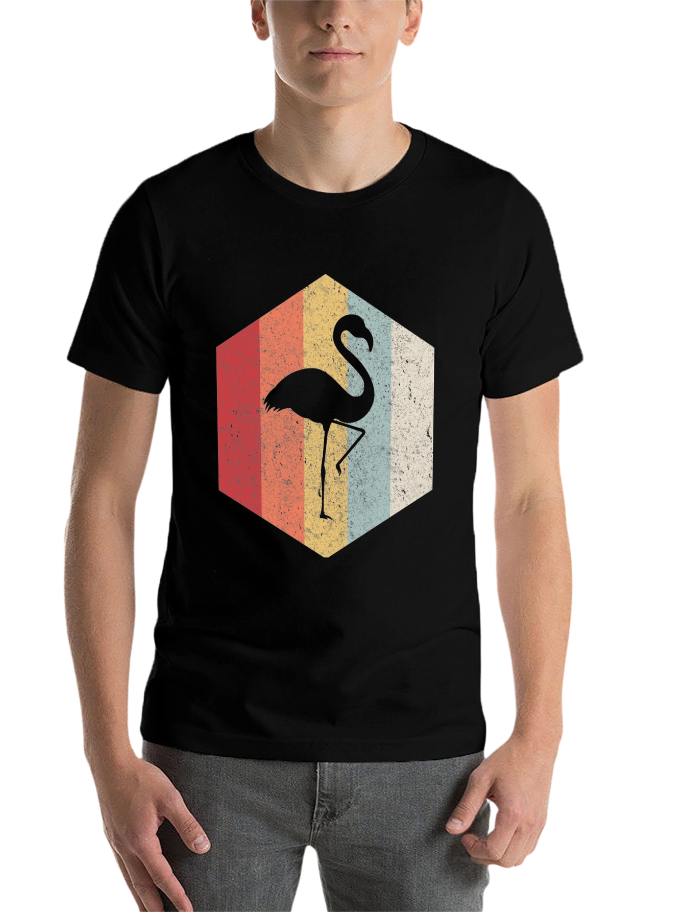 Black Retro Flamingo Hexagon Graphic Tee view 7