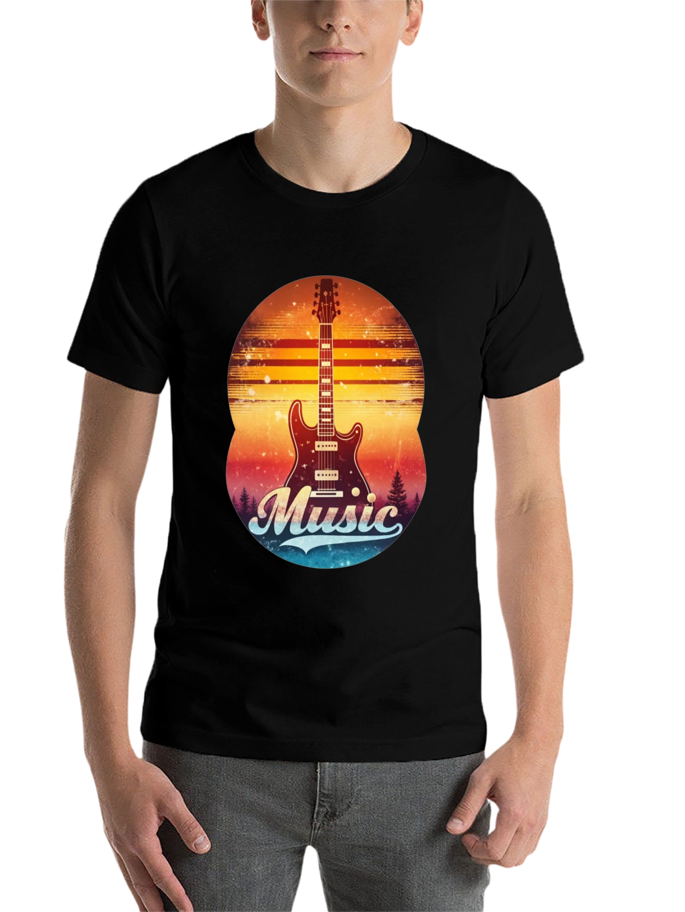 Black Retro Guitar Music T-Shirt view 7