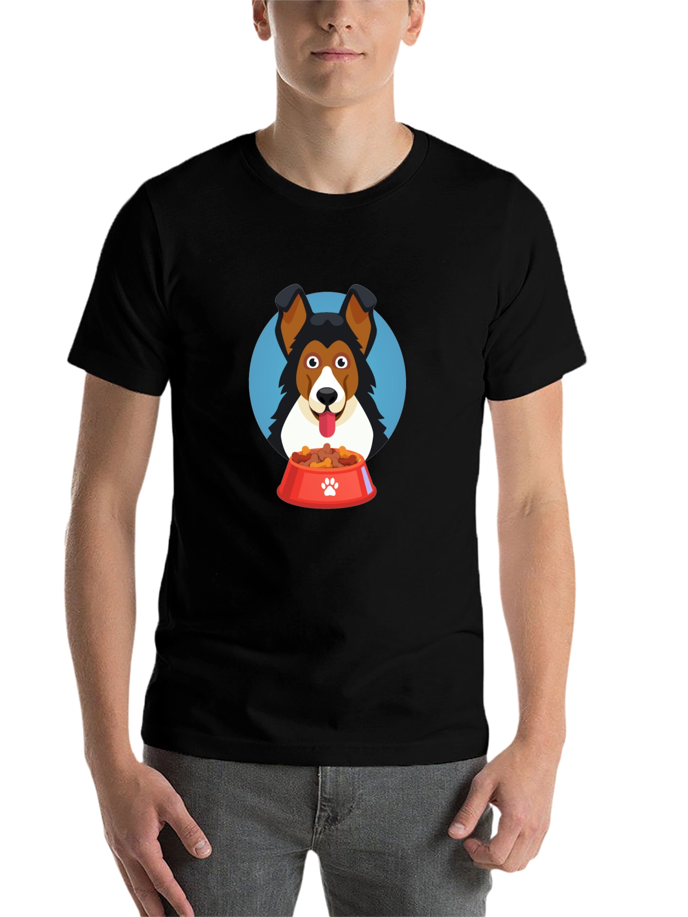 Black Dog Lover T-Shirt - Cartoon Dog with Food Bowl Design view 7
