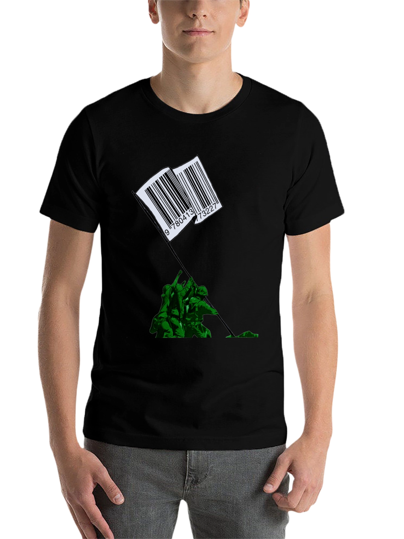 Black Barcode Flag Raising Graphic T-Shirt view 7