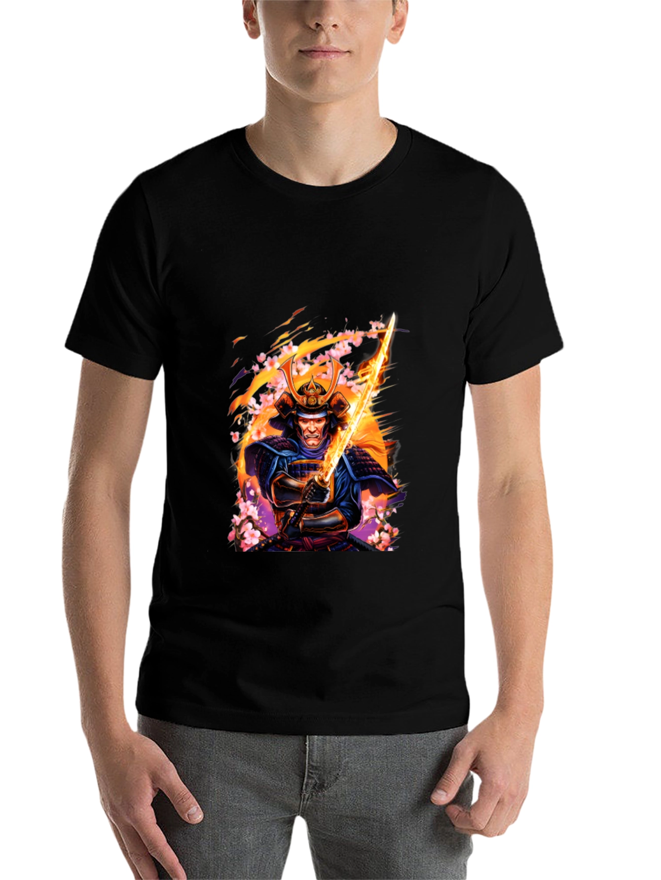 Black Samurai Warrior Graphic Print Black T-Shirt view 7