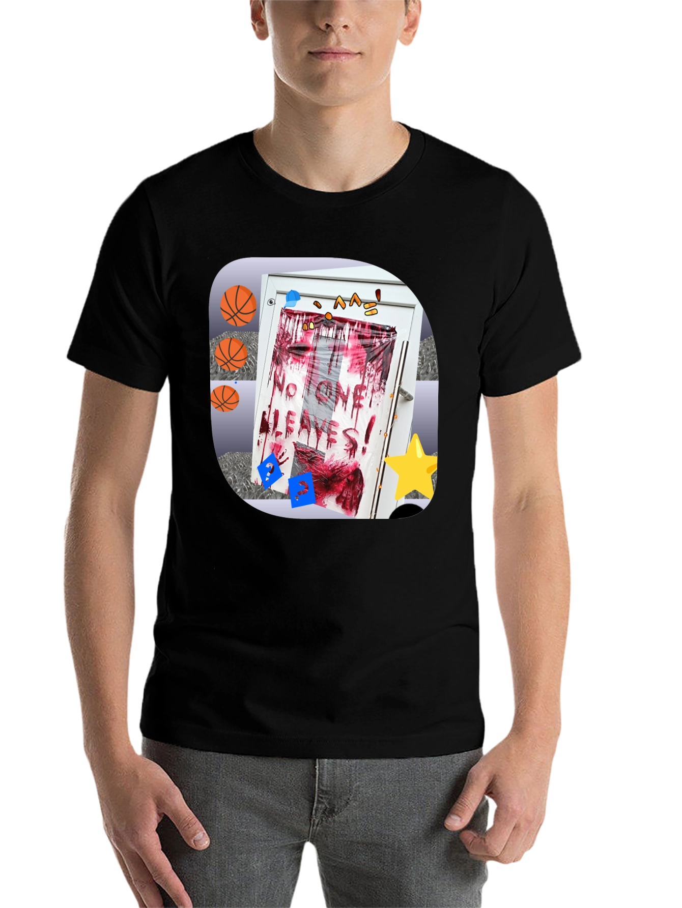 Black Graphic Tee - Novelty Horror Door Design view 7