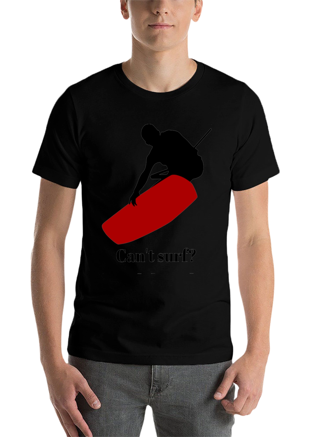Black Can't Surf Black T-Shirt with Red Surfboard Graphic view 7