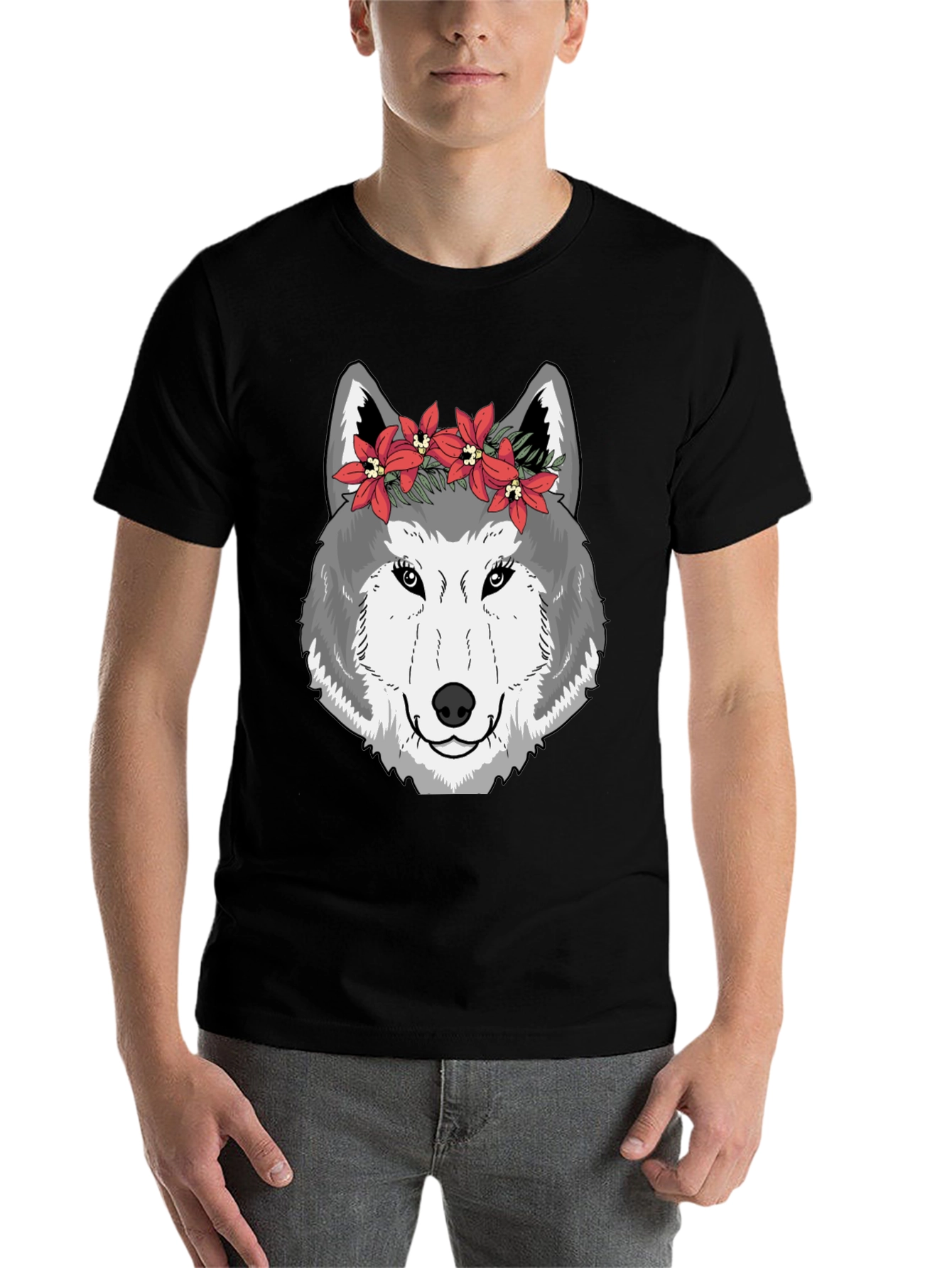 Black Wolf Floral Crown Graphic Tee - Cool Casual Style view 7
