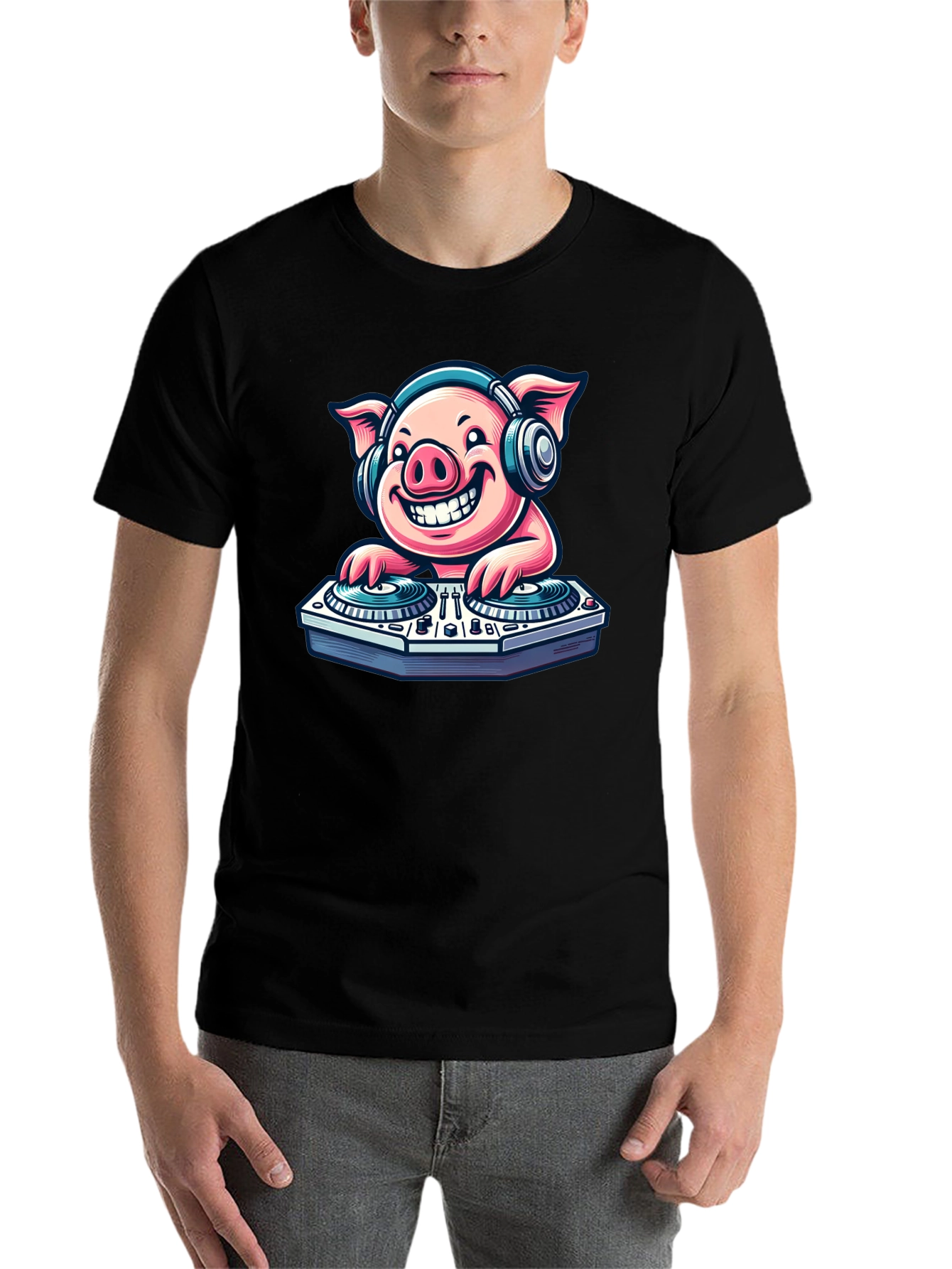 Black DJ Pig Graphic Tee - Cool Cartoon Pig T-Shirt view 7