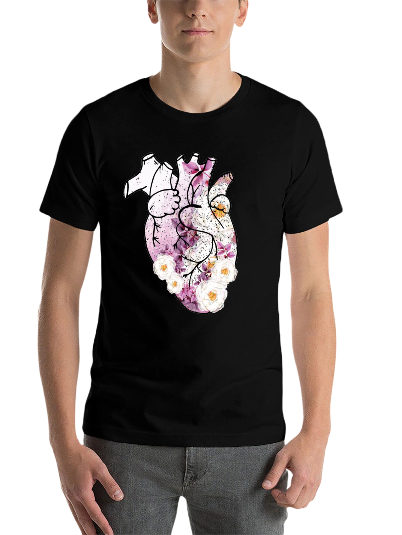 Black Floral Heart Print Black T-Shirt view 7