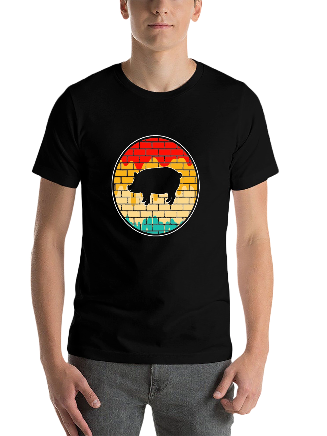 Black Retro Pig Brick Wall Graphic Tee view 7