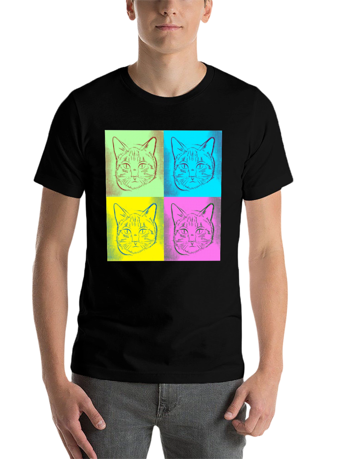 Black Pop Art Cat Graphic Tee - Quirky Black T-Shirt view 7