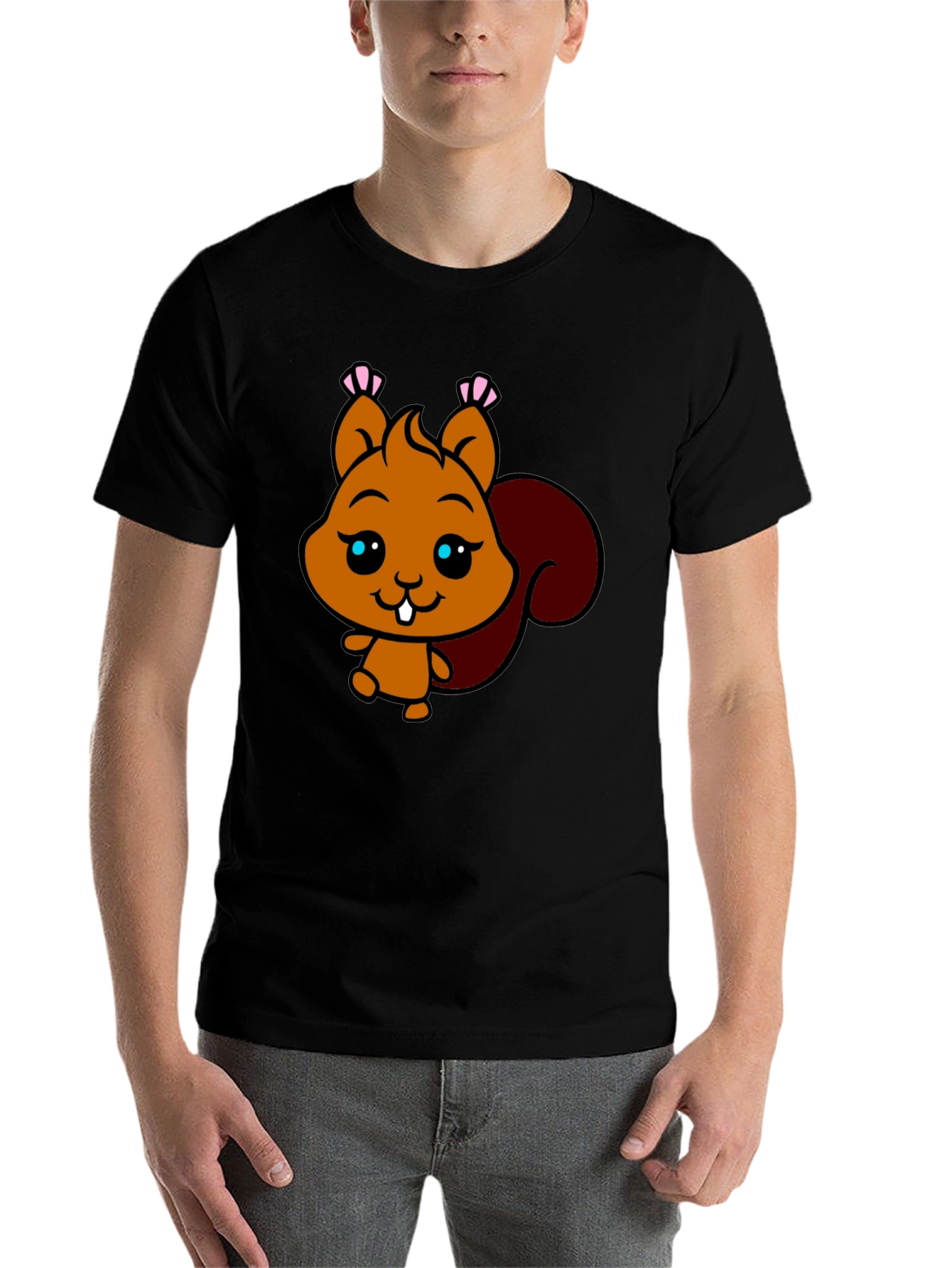 Black Cute Squirrel Graphic Tee - Black Cotton T-Shirt view 7