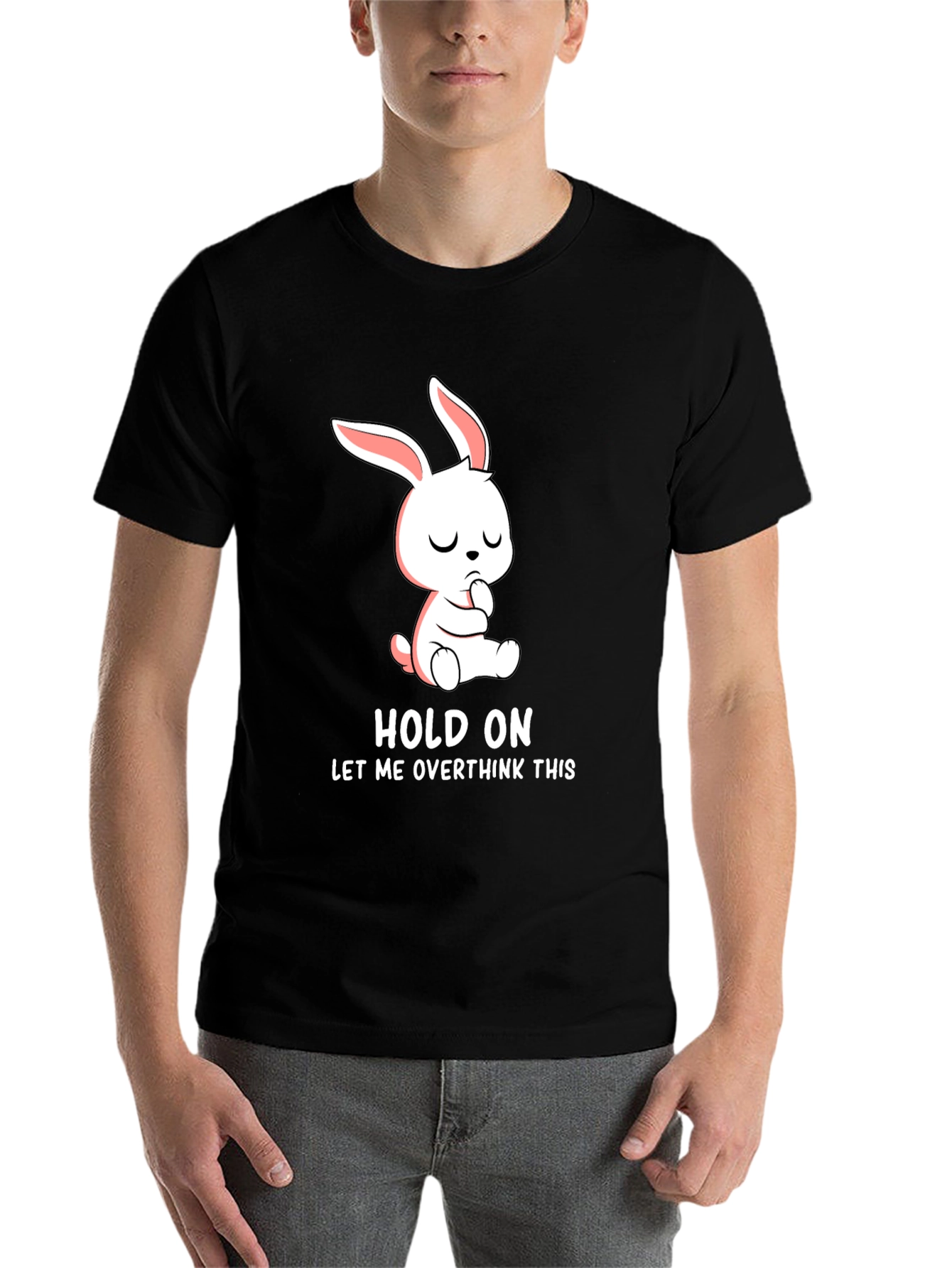 Black Hold On Overthink Bunny T-Shirt Funny Graphic Tee view 7