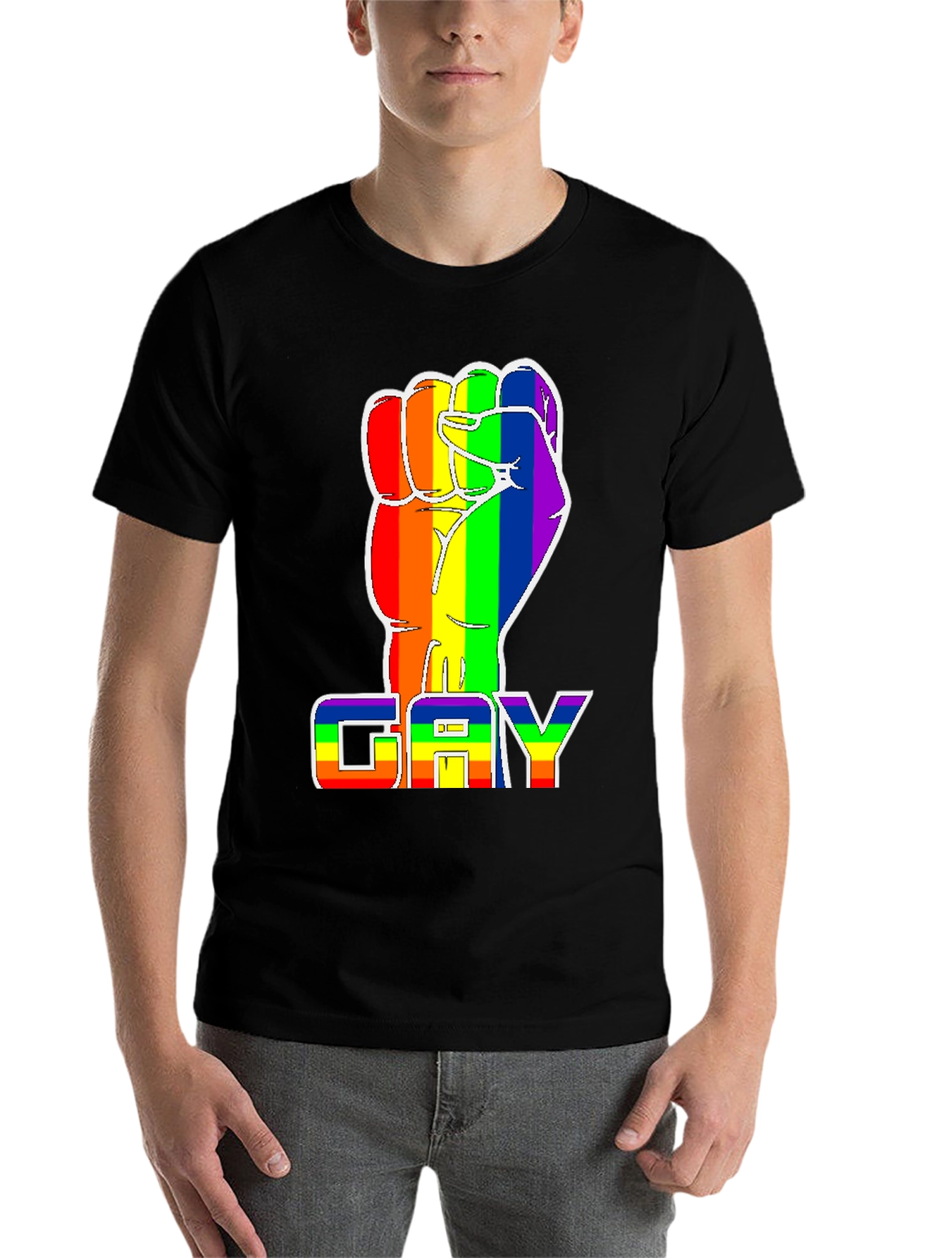 Black Rainbow Fist 'GAY' Pride T-Shirt - Black Cotton Blend Tee view 7