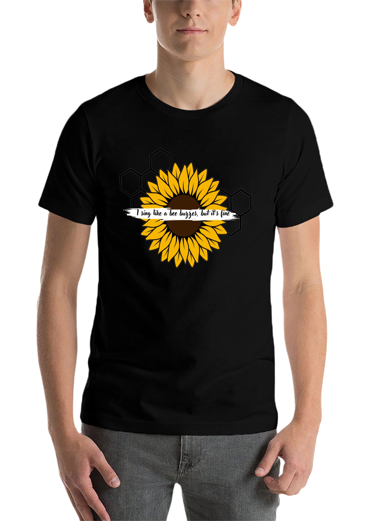 Black Sunflower Bee Buzz Funny Graphic T-Shirt view 7
