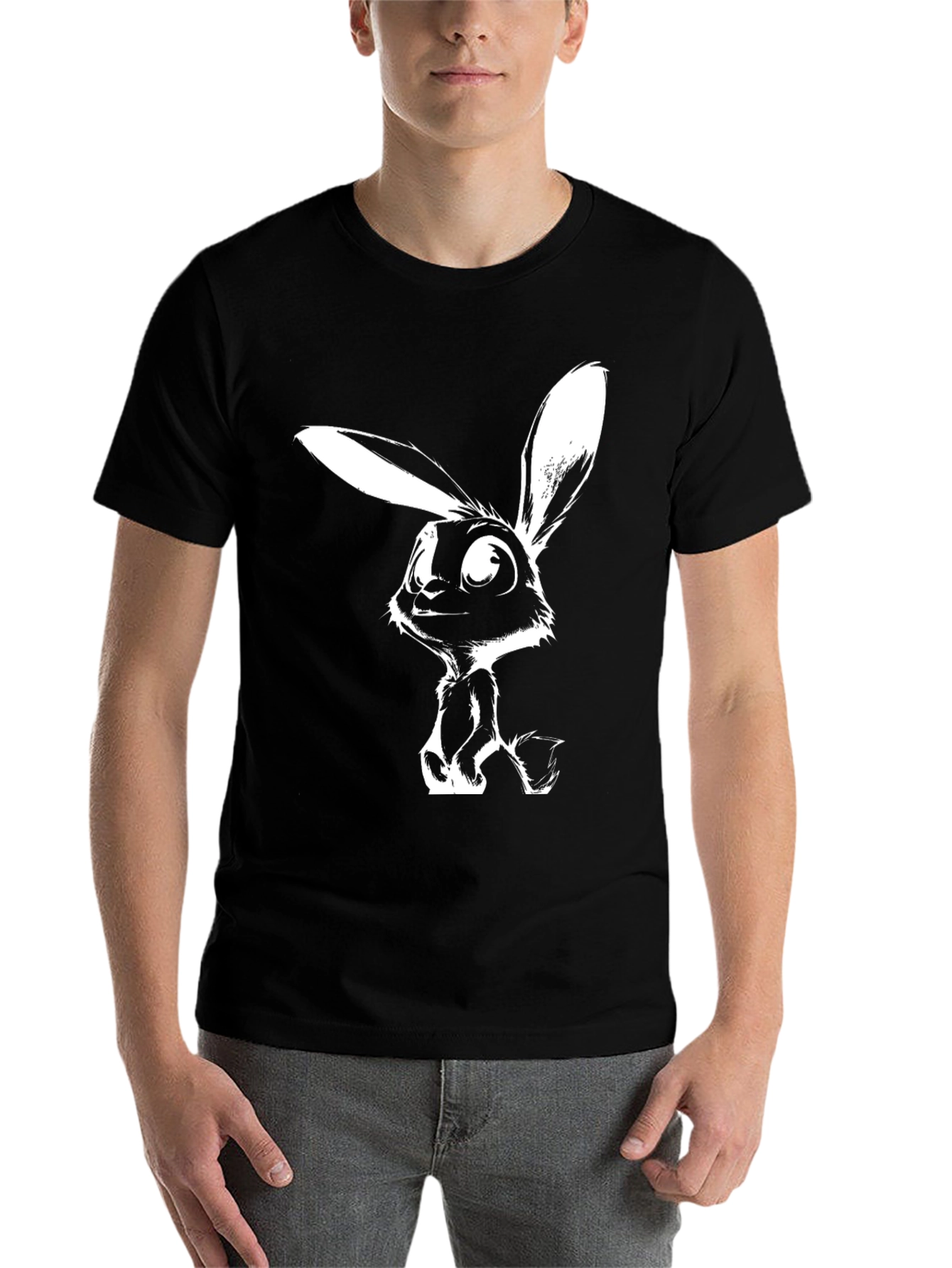 Black Cartoon Rabbit Graphic Tee - Black Casual T-Shirt view 7