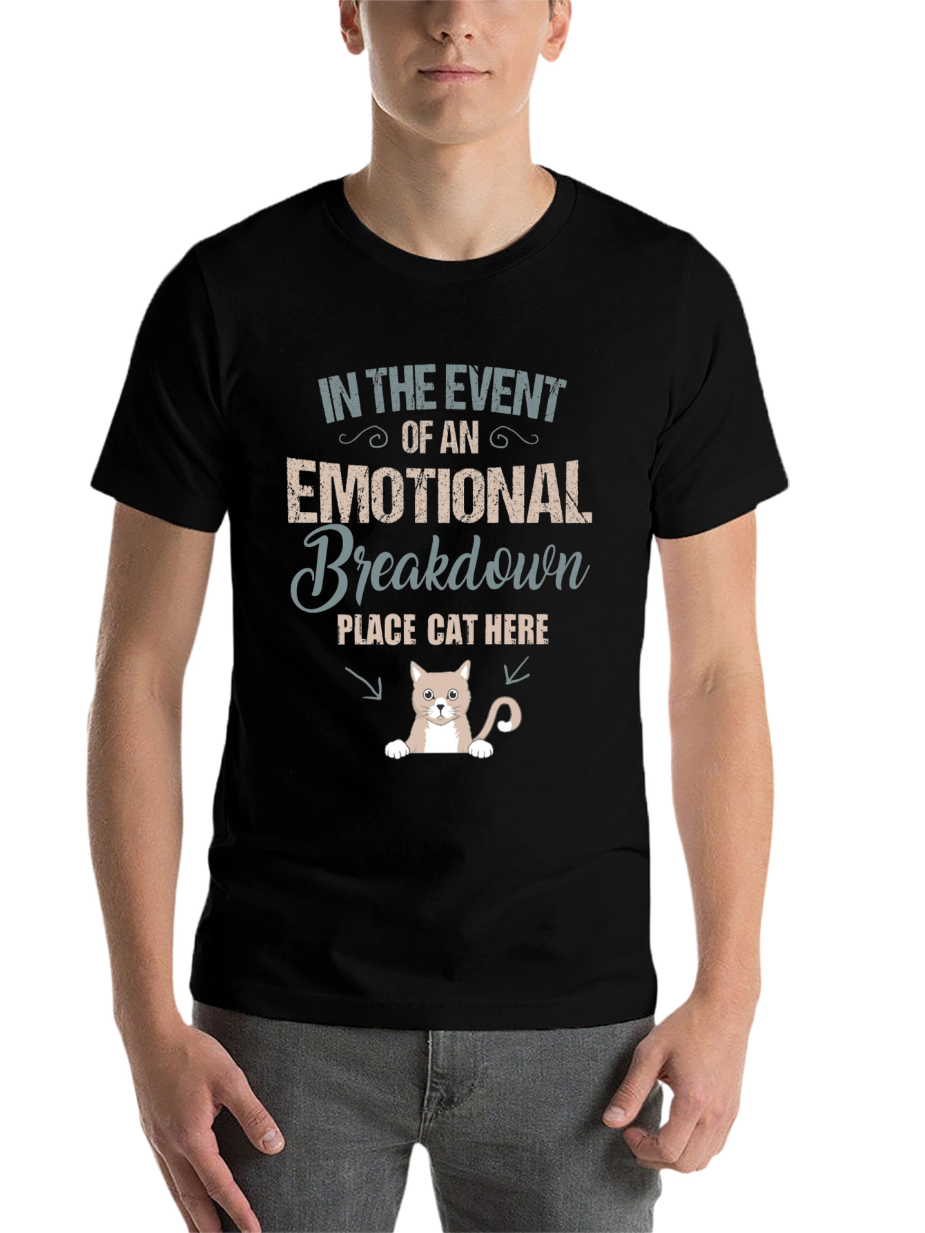 Black Emotional Breakdown Cat Here Graphic Tee view 7