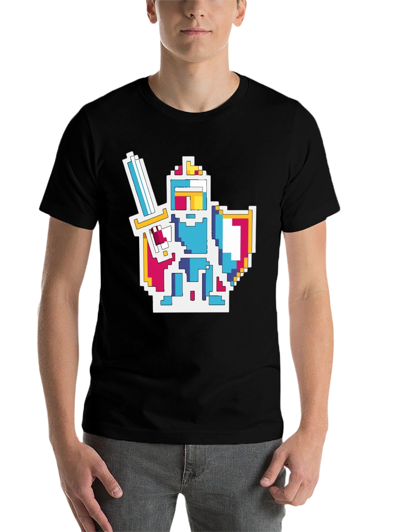 Black Pixel Knight Graphic Tee - Black Cotton Blend T-Shirt view 7