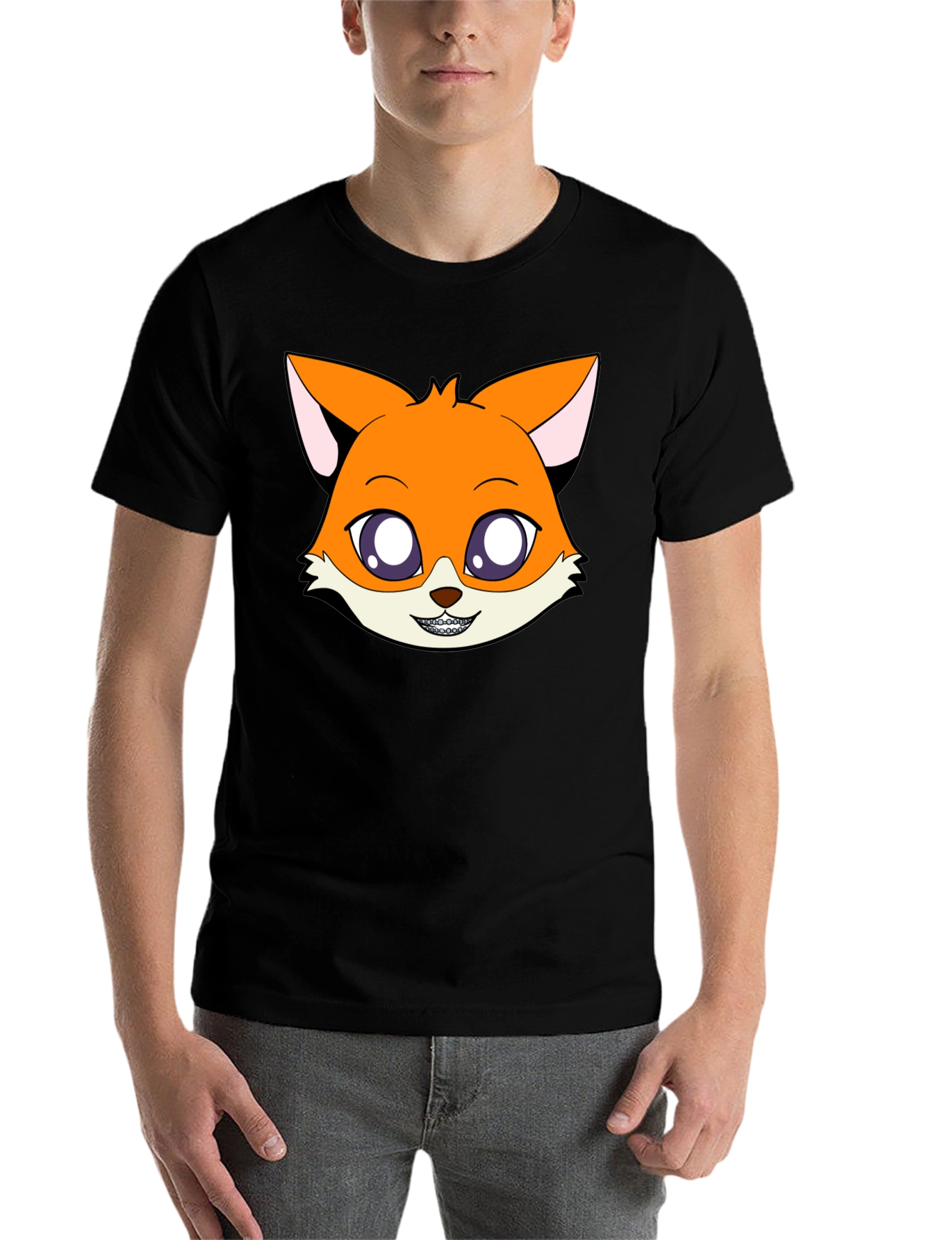 Black Cartoon Fox Graphic Tee - Unisex Black T-Shirt view 7