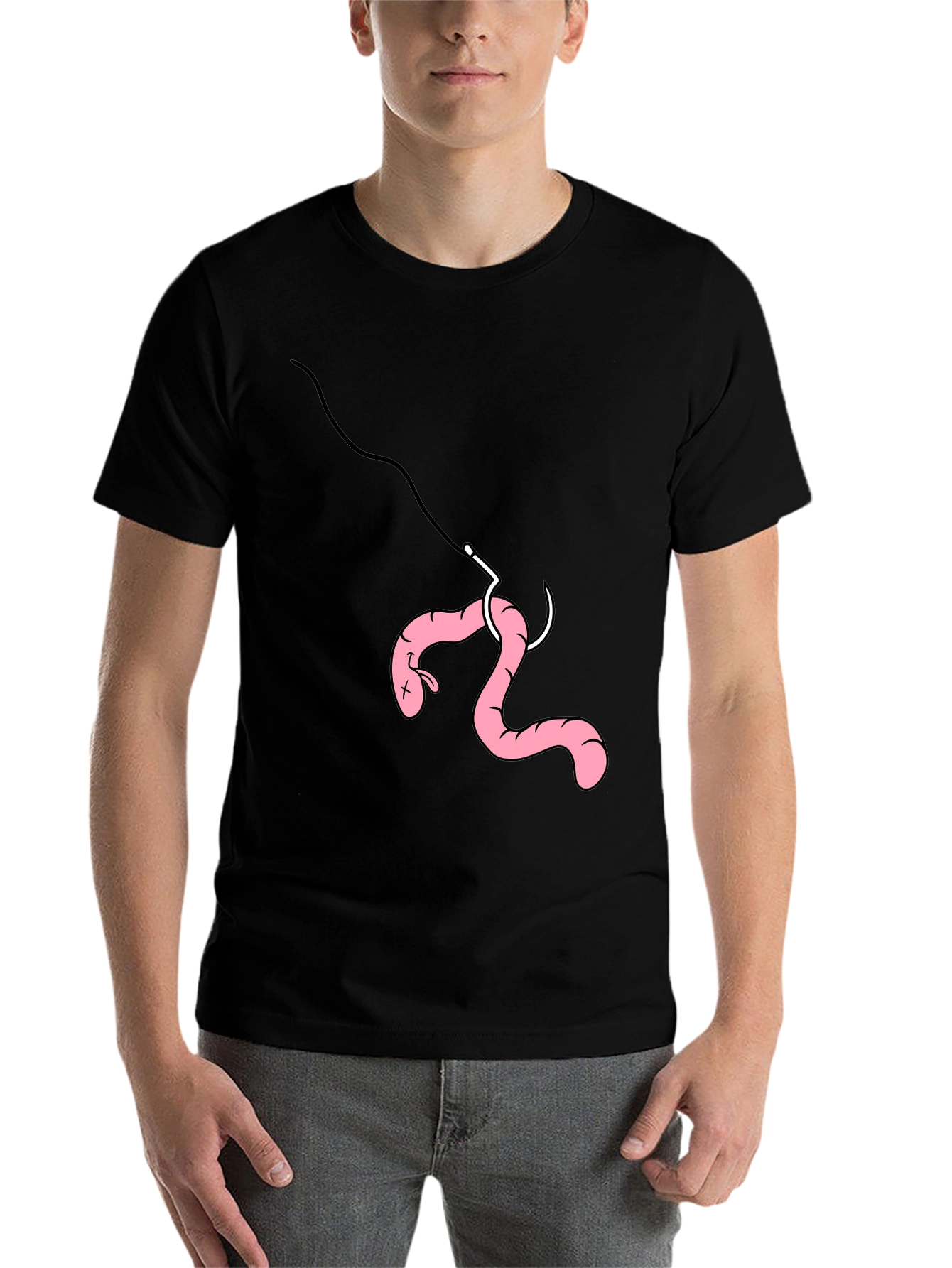 Black Funny Fishing Worm Hook T-Shirt view 7