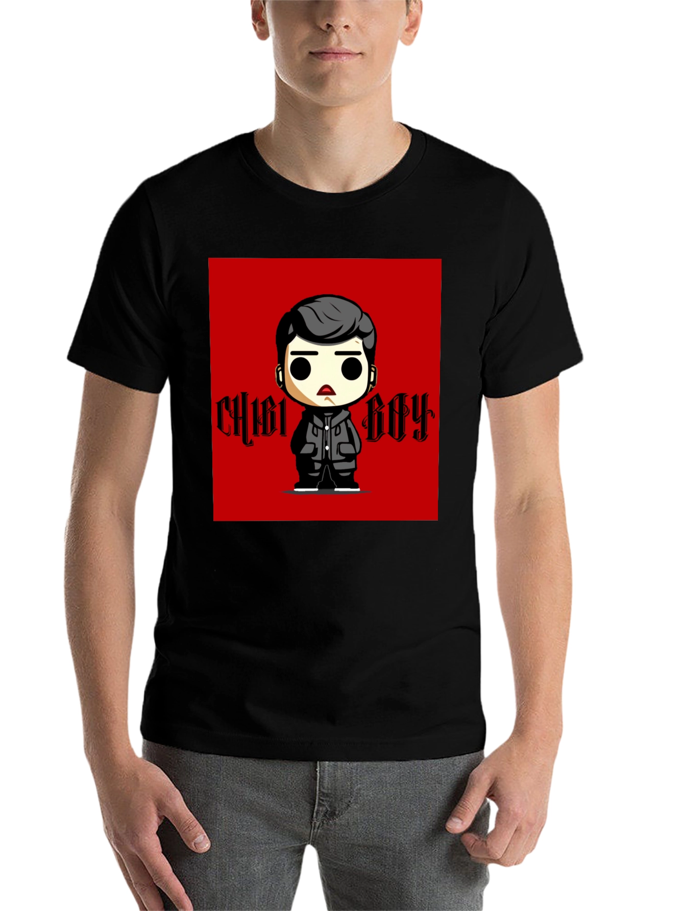 Black Chibi Boy Graphic Tee - Black Cotton T-Shirt view 7