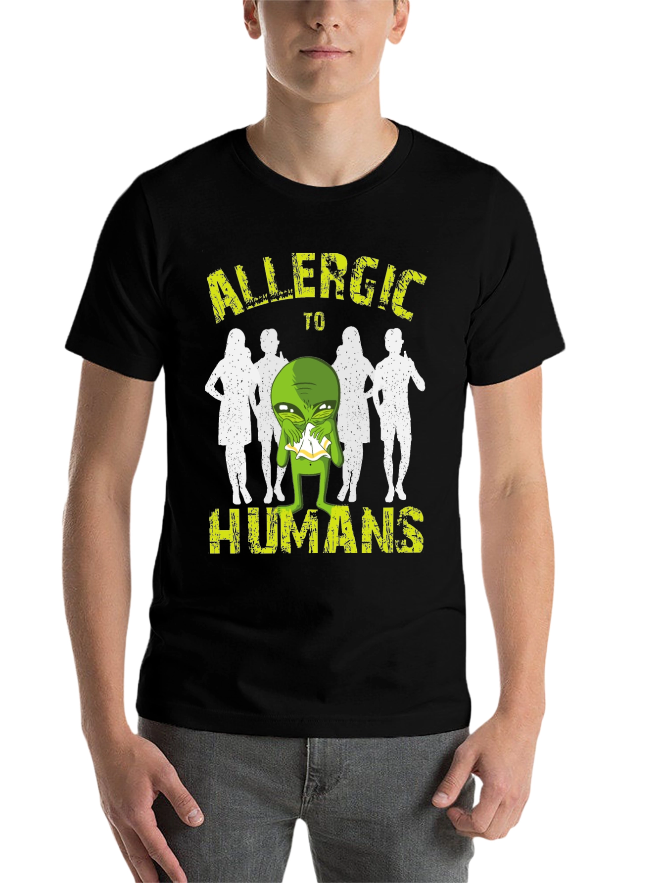 Black Allergic to Humans Alien T-Shirt - Funny Graphic Tee view 7