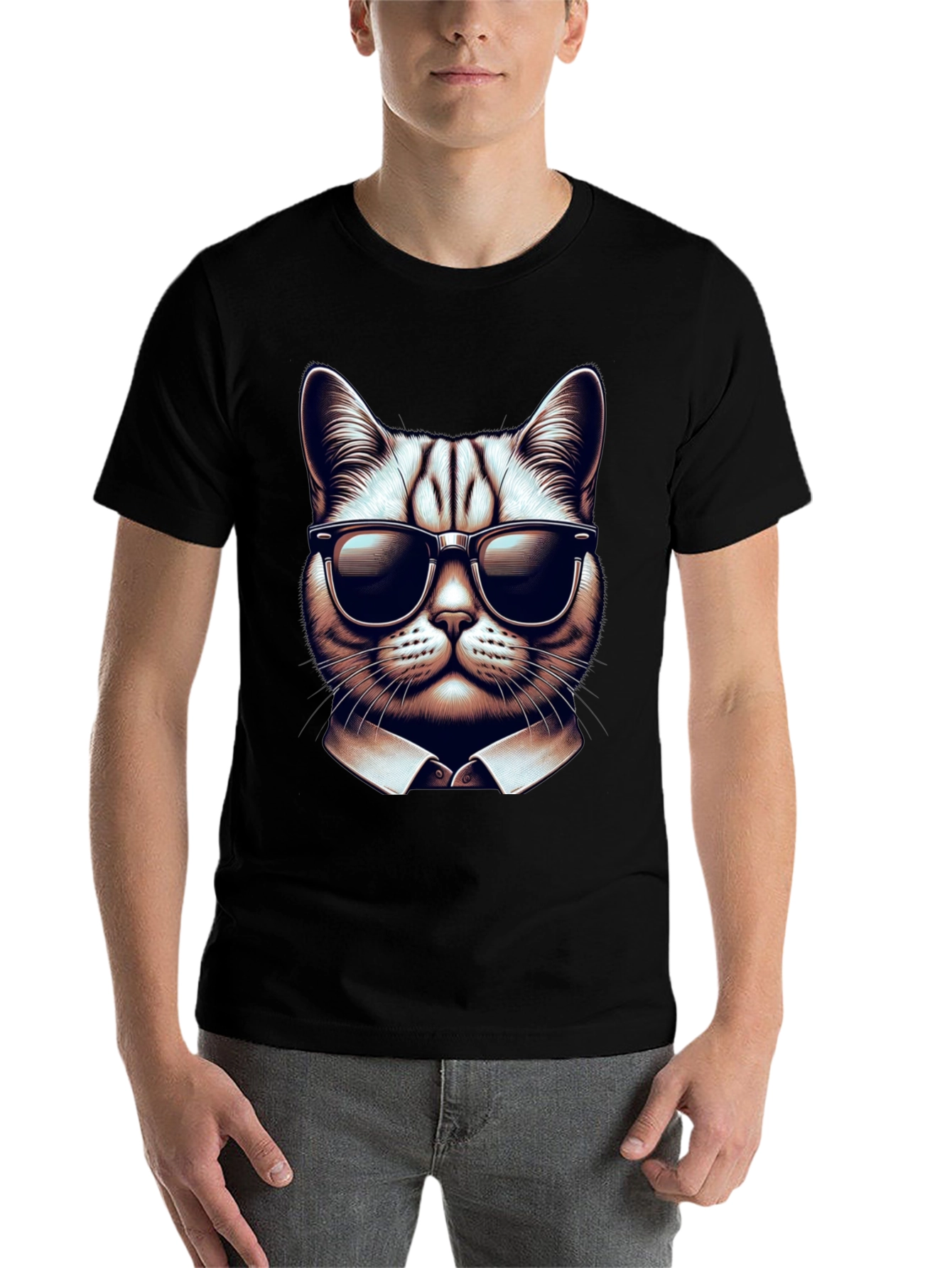 Black Cool Cat in Shades Graphic Tee - Black Cotton T-Shirt view 7