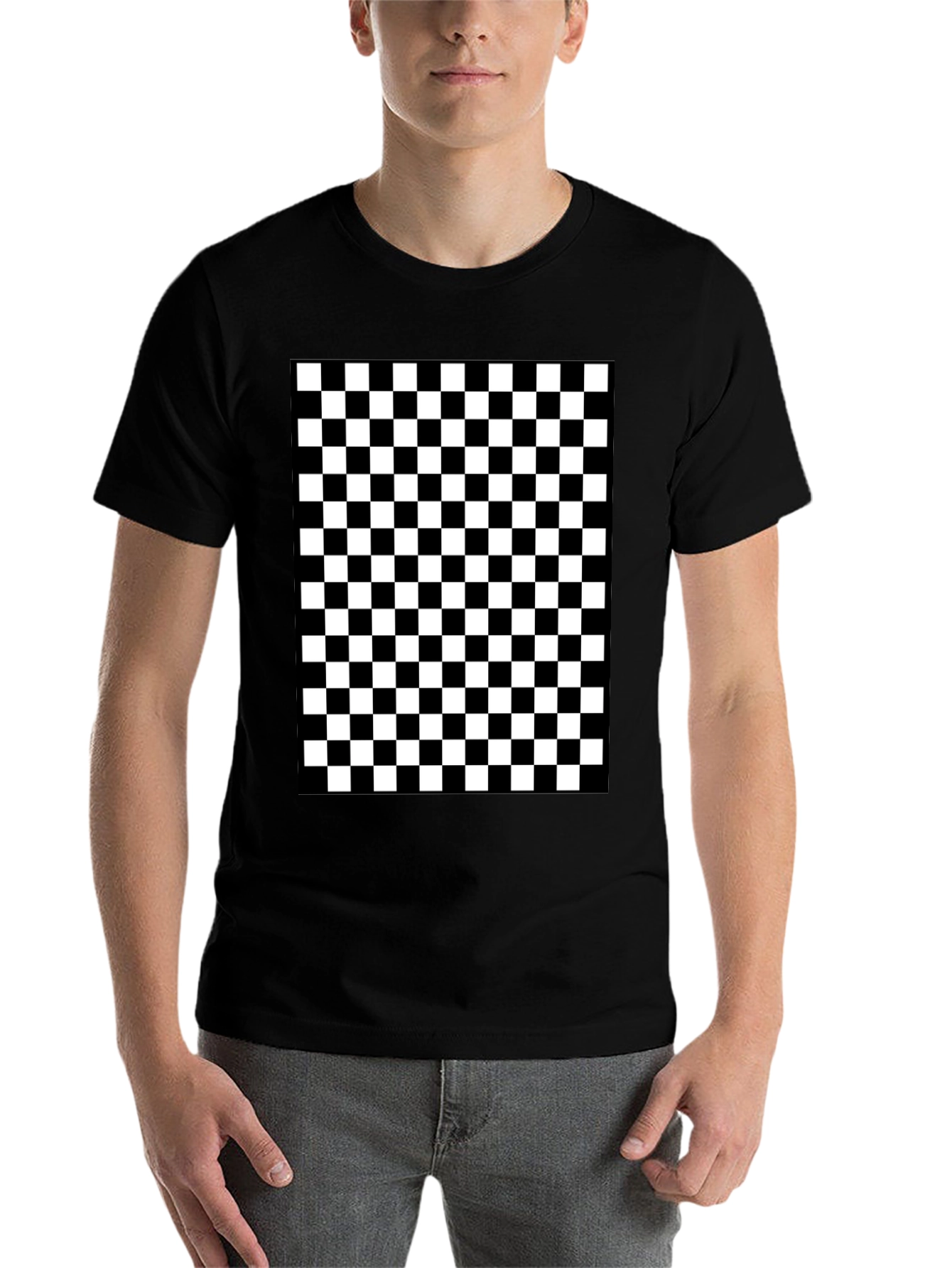 Black Checkered Pattern Black T-Shirt view 7