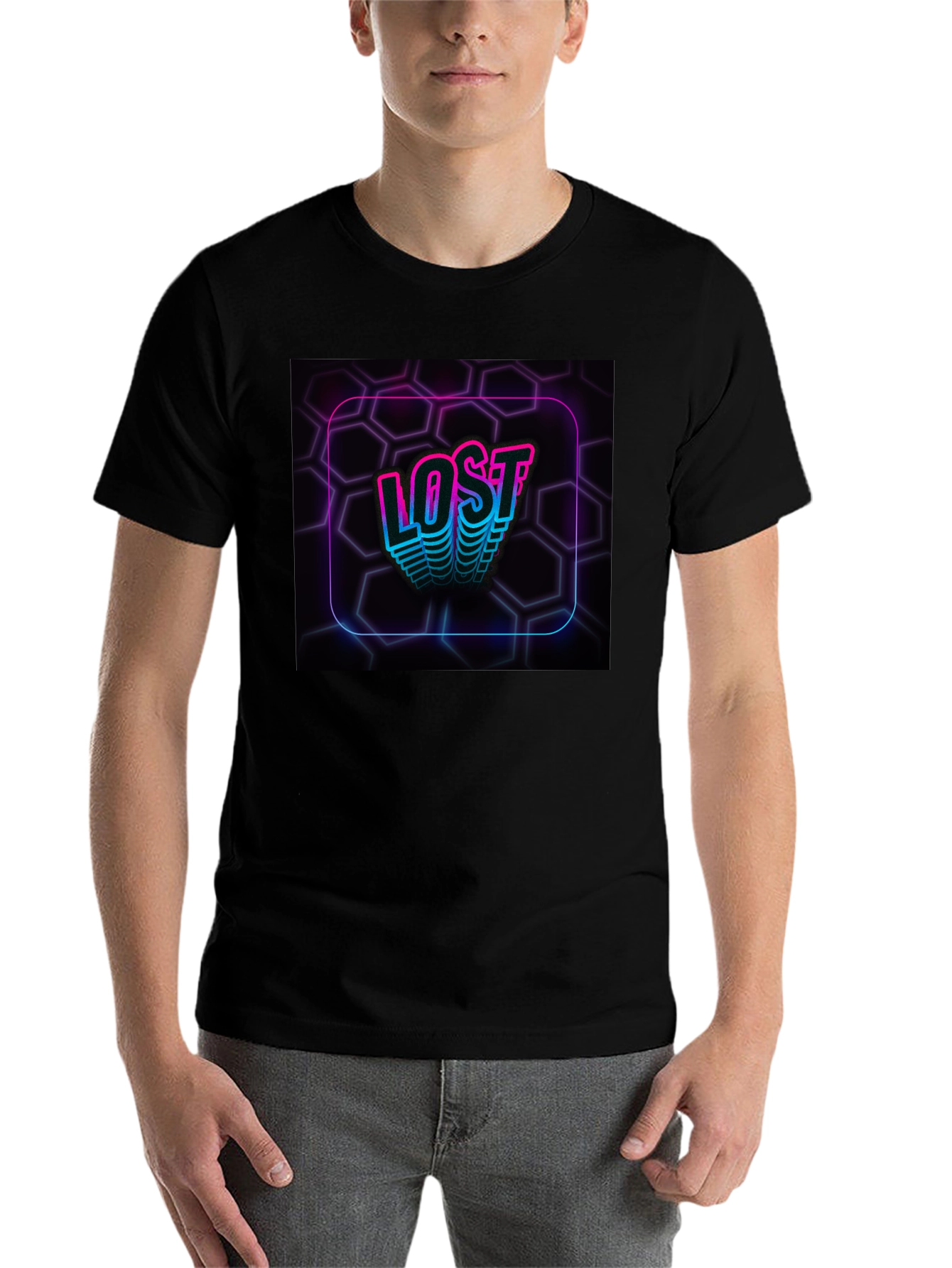 Black Lost Neon Hexagon Graphic Black T-Shirt view 7