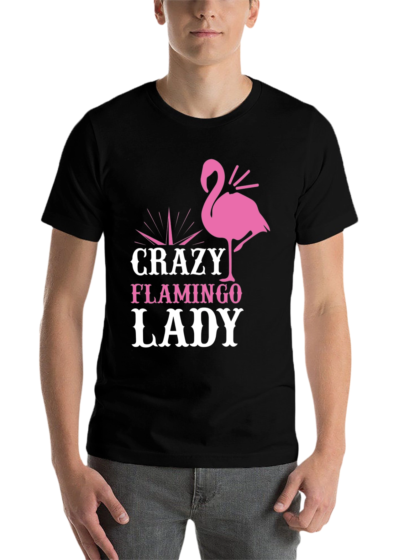 Black Crazy Flamingo Lady Graphic Tee - Black Cotton T-Shirt view 7
