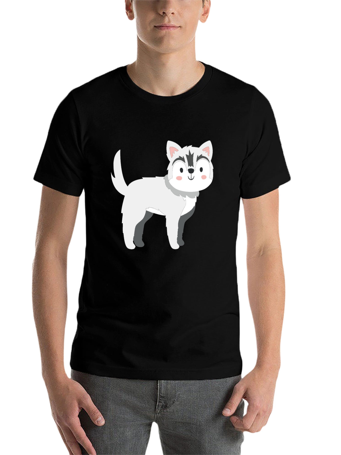 Black Cute Cartoon Husky Dog Graphic T-Shirt view 7