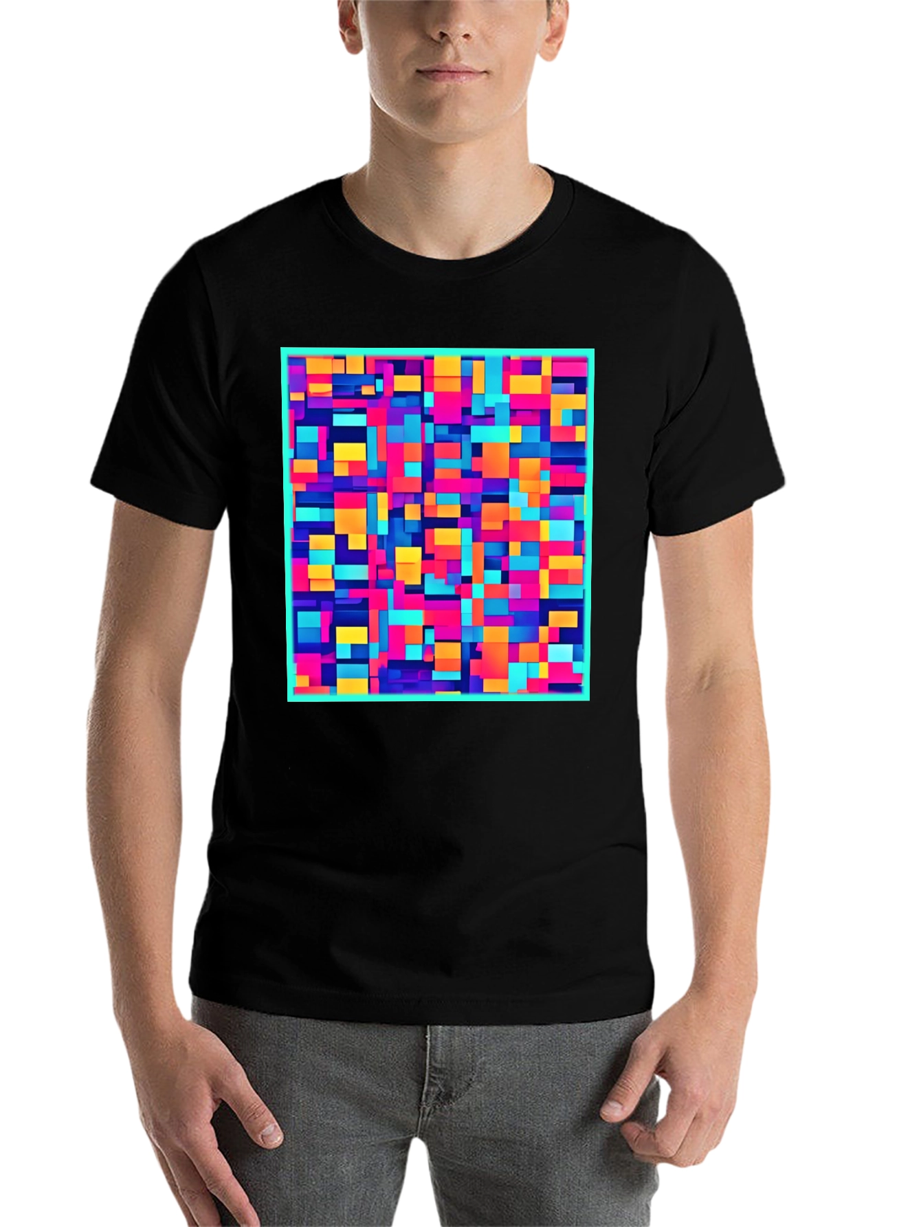 Black Colorful Block Pattern Graphic Tee - Modern Style view 7