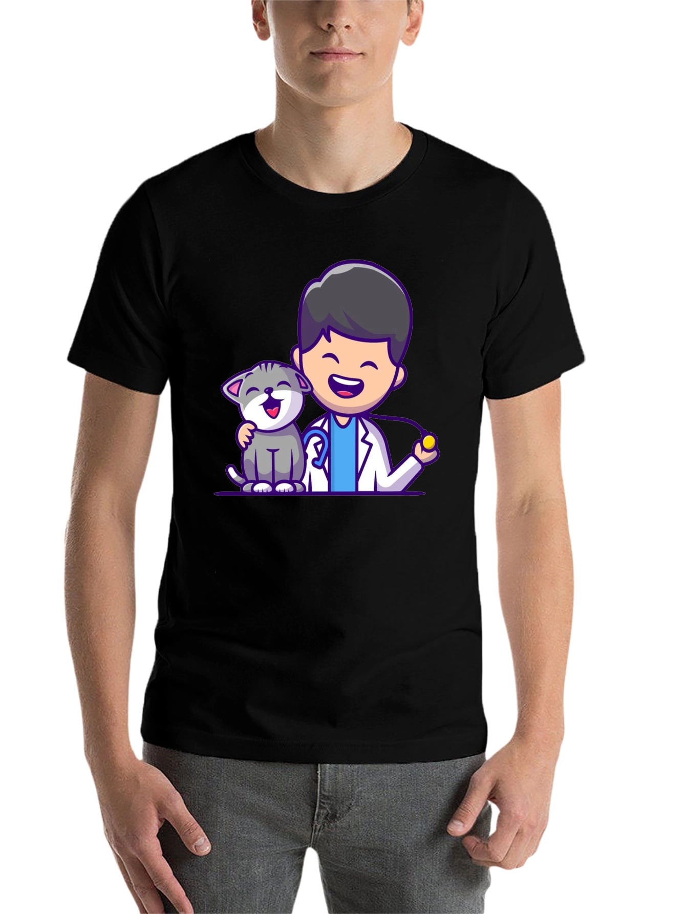 Black Vet & Cat Cartoon T-Shirt - Black view 7