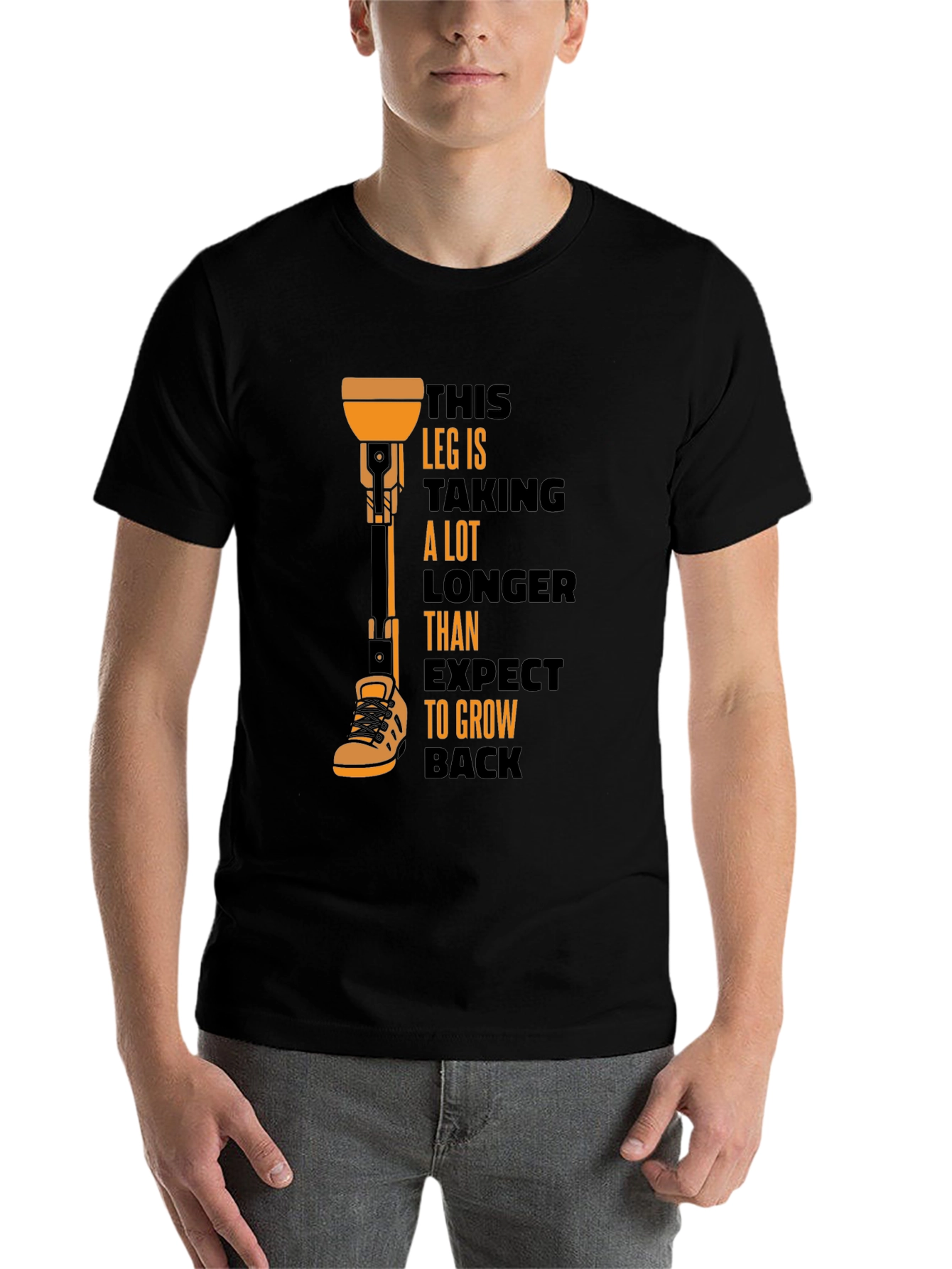 Black Humorous Prosthetic Leg T-Shirt view 7