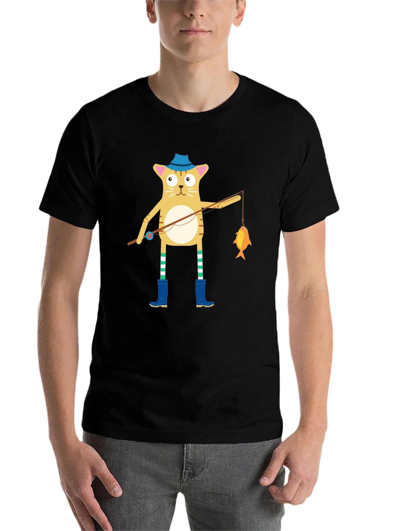 Black Cat Fisherman T-Shirt - Cute Cartoon Design view 7