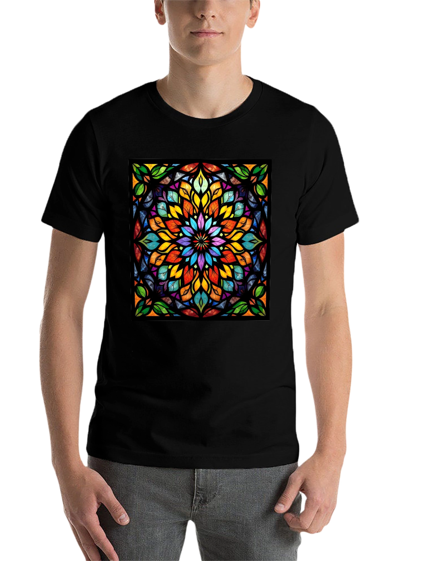 Black Kaleidoscope Stained Glass Design Black T-Shirt view 7