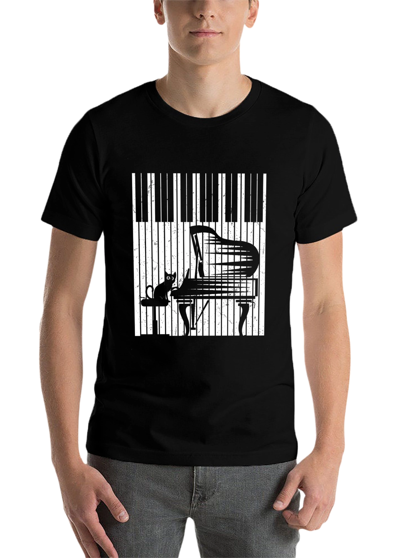 Black Piano Cat Graphic T-Shirt - Music Lover Tee view 7