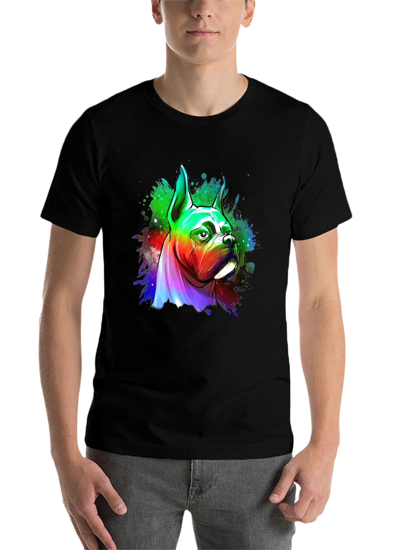 Black Rainbow Boxer Dog Graphic Tee - Unique Art T-Shirt view 7