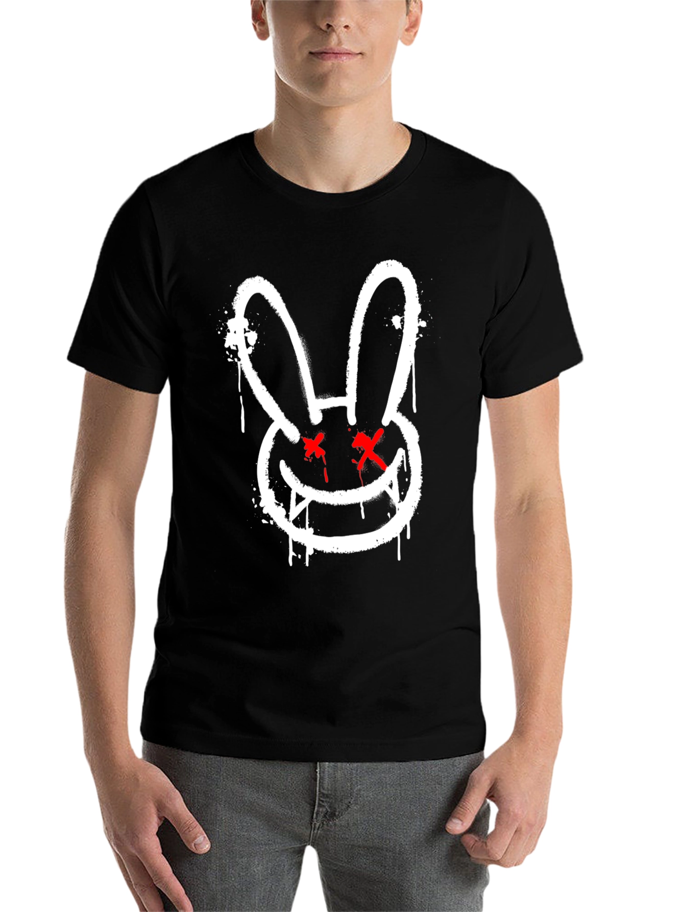 Black Edgy Rabbit Graphic Tee - Black Cotton Casual Shirt view 7