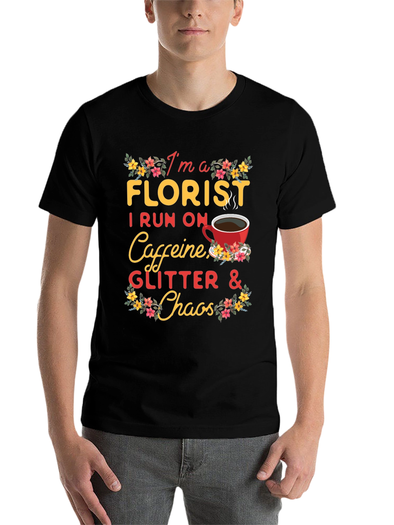 Black Florist Caffeine Glitter Chaos T-Shirt view 7