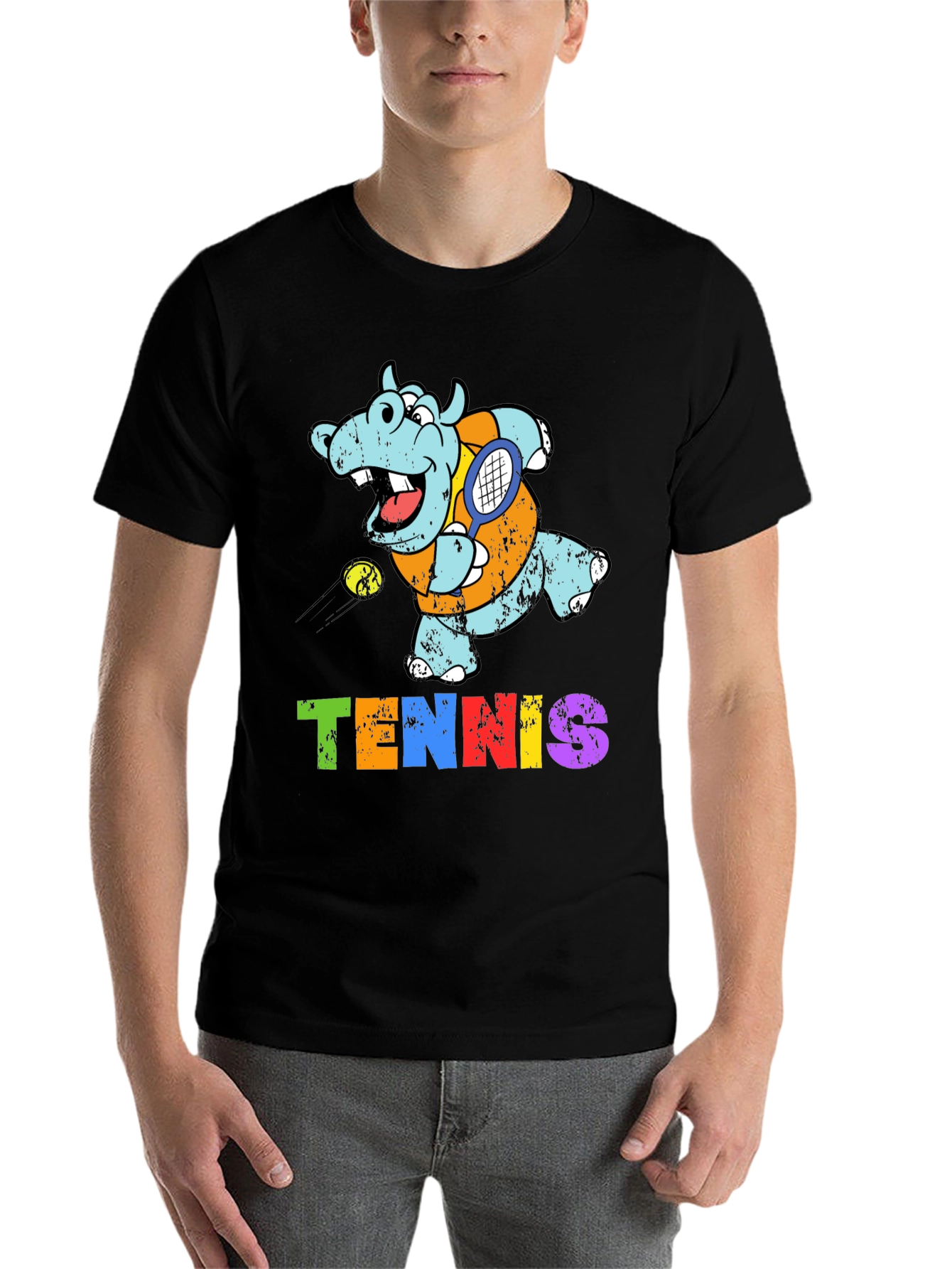 Black Cartoon Hippo Tennis Player Graphic T-Shirt view 7