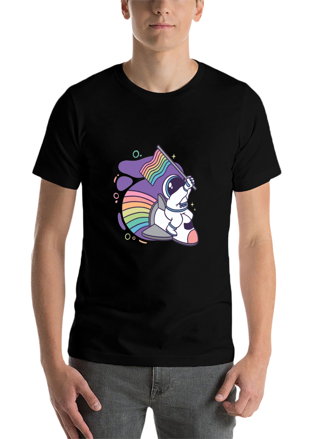 Black Astronaut Rabbit Rainbow Flag Graphic Tee view 7