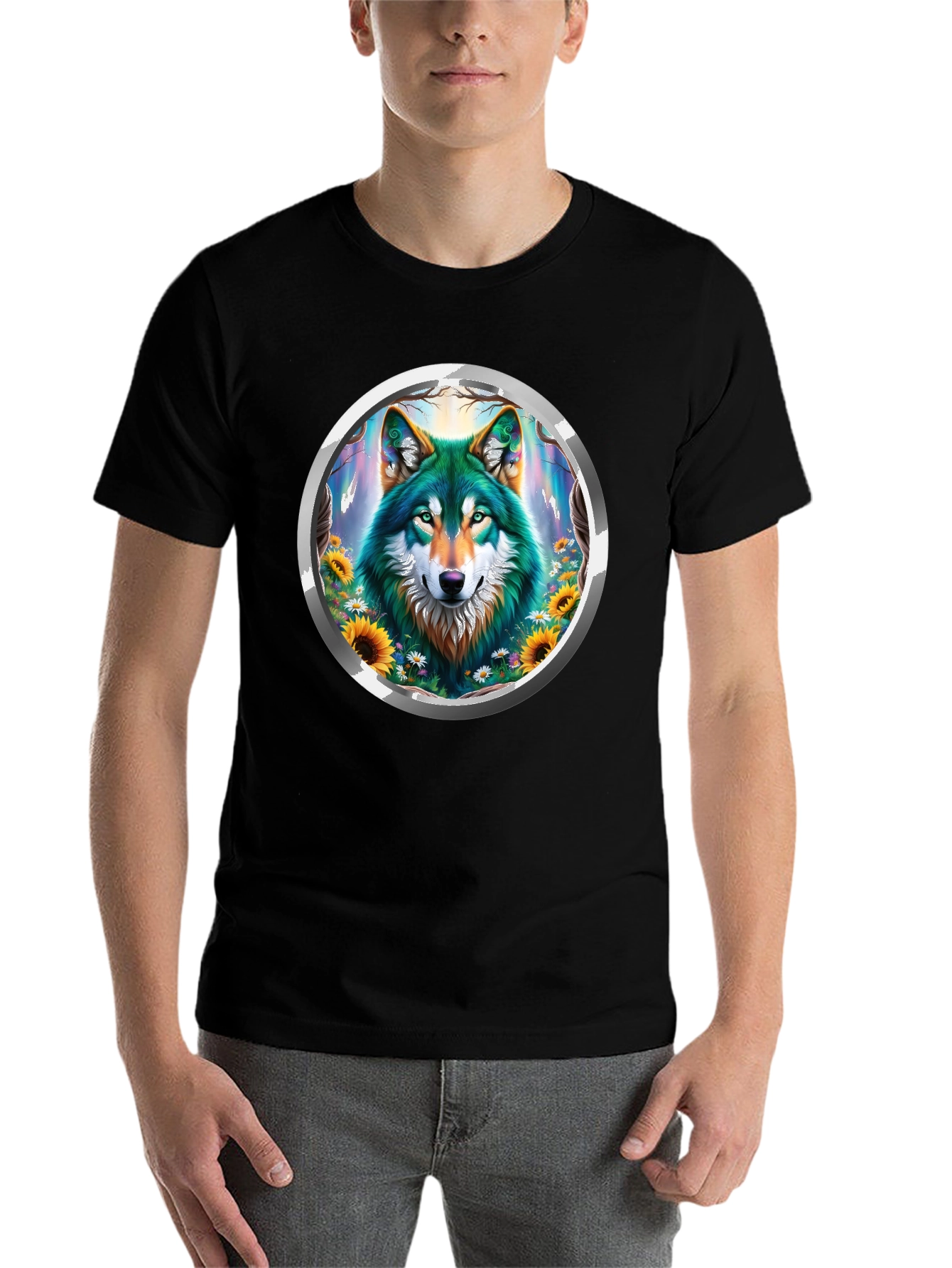 Black Wolf Circle Graphic Tee - Nature Inspired Design view 7
