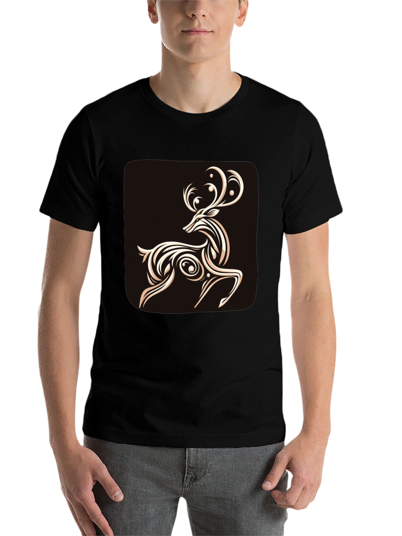 Black Elegant Deer Graphic Tee - Stylish Men's Black T-Shirt view 7
