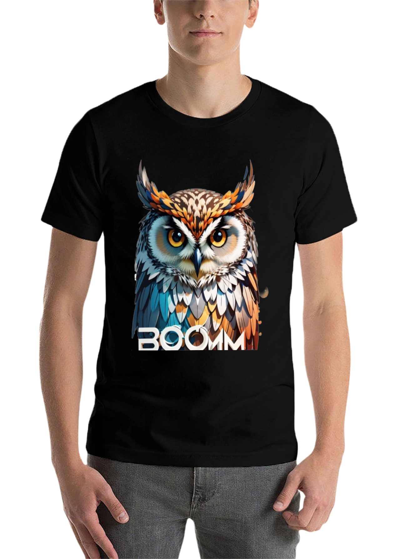 Black Owl Graphic T-Shirt - "BOOMM" Design view 7
