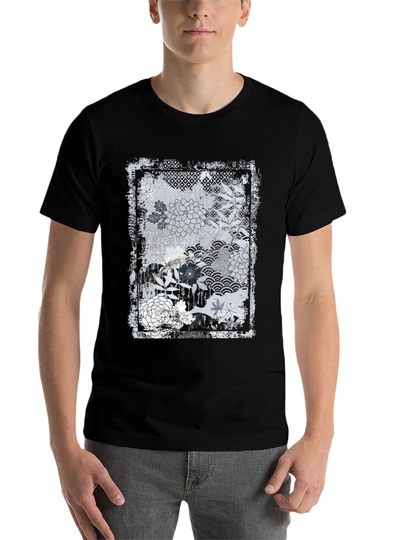 Black Distressed Floral Graphic Black Tee view 7