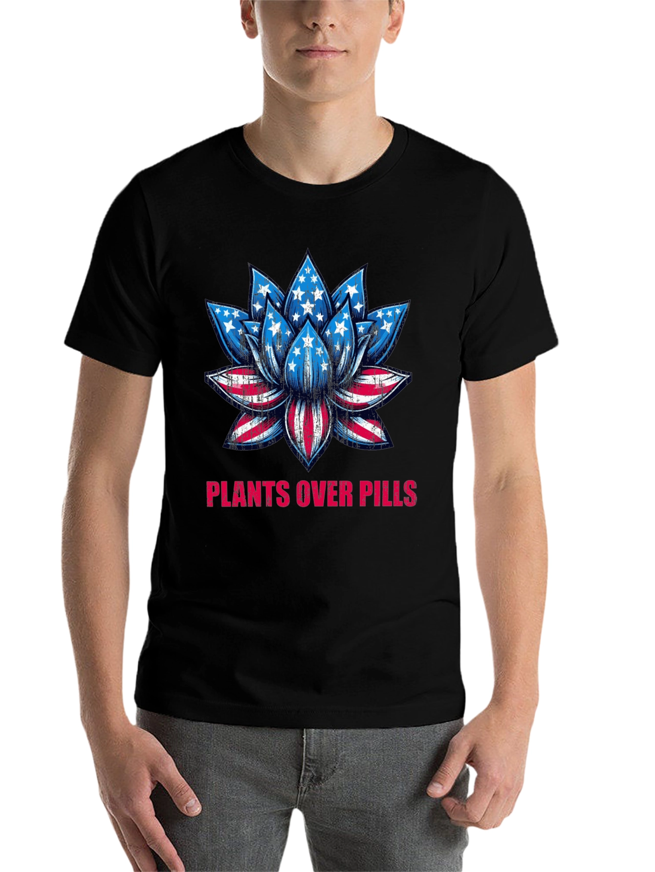 Black Plants Over Pills American Flag Lotus T-Shirt view 7
