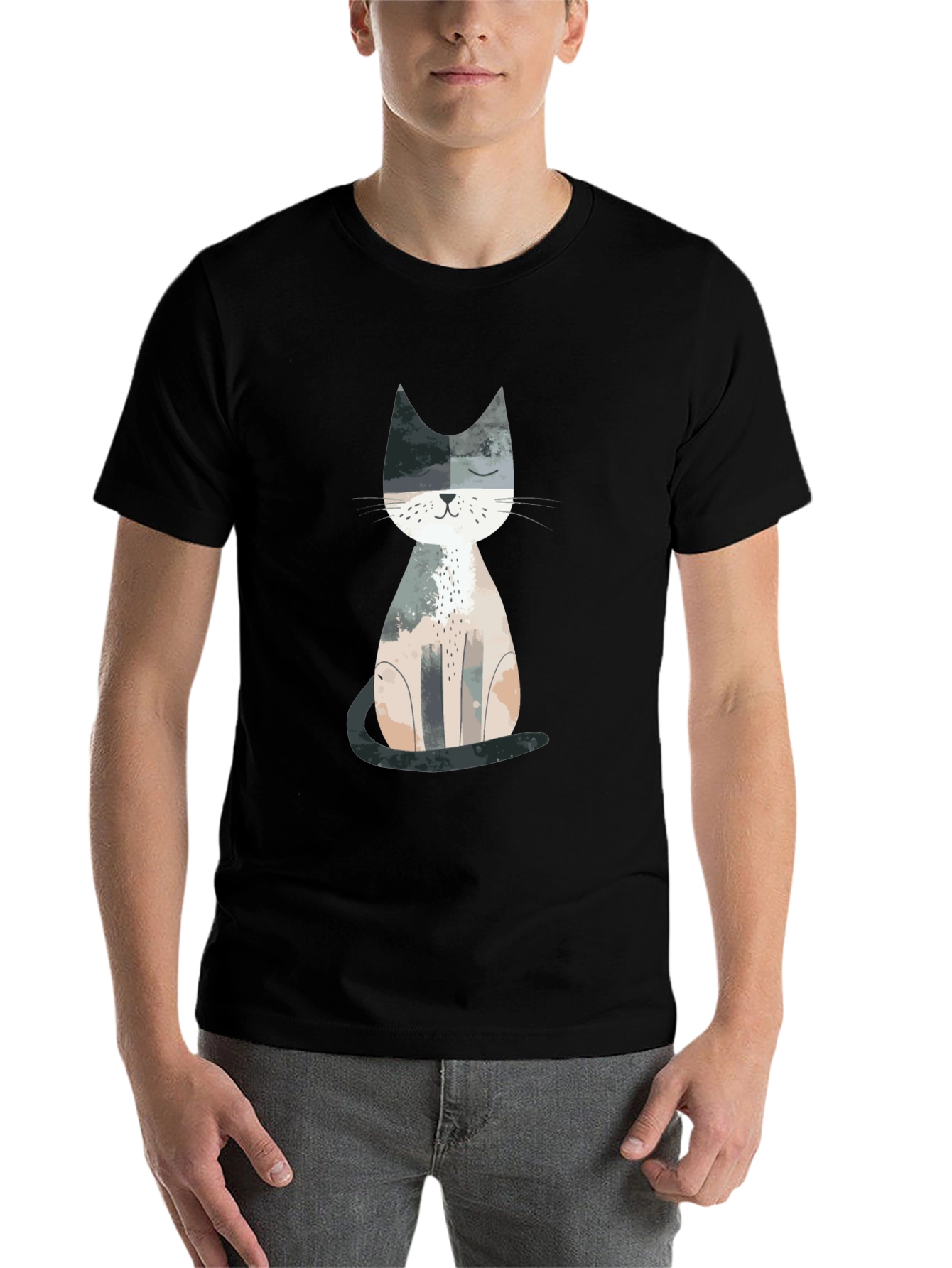 Black Cute Cat Graphic Print Crew Neck T-Shirt view 7