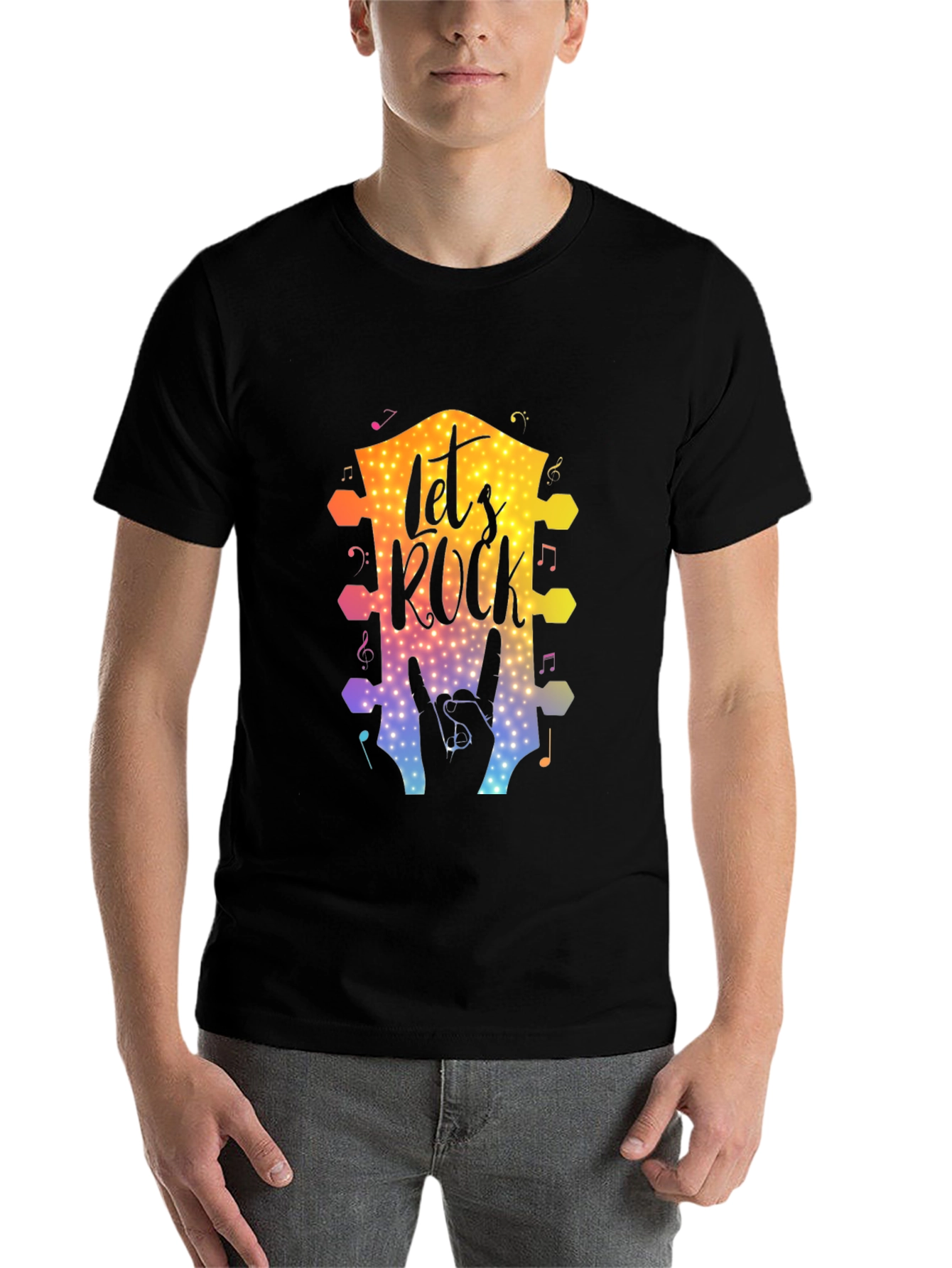 Black Let's Rock Graphic T-Shirt, Music Lover Tee view 7