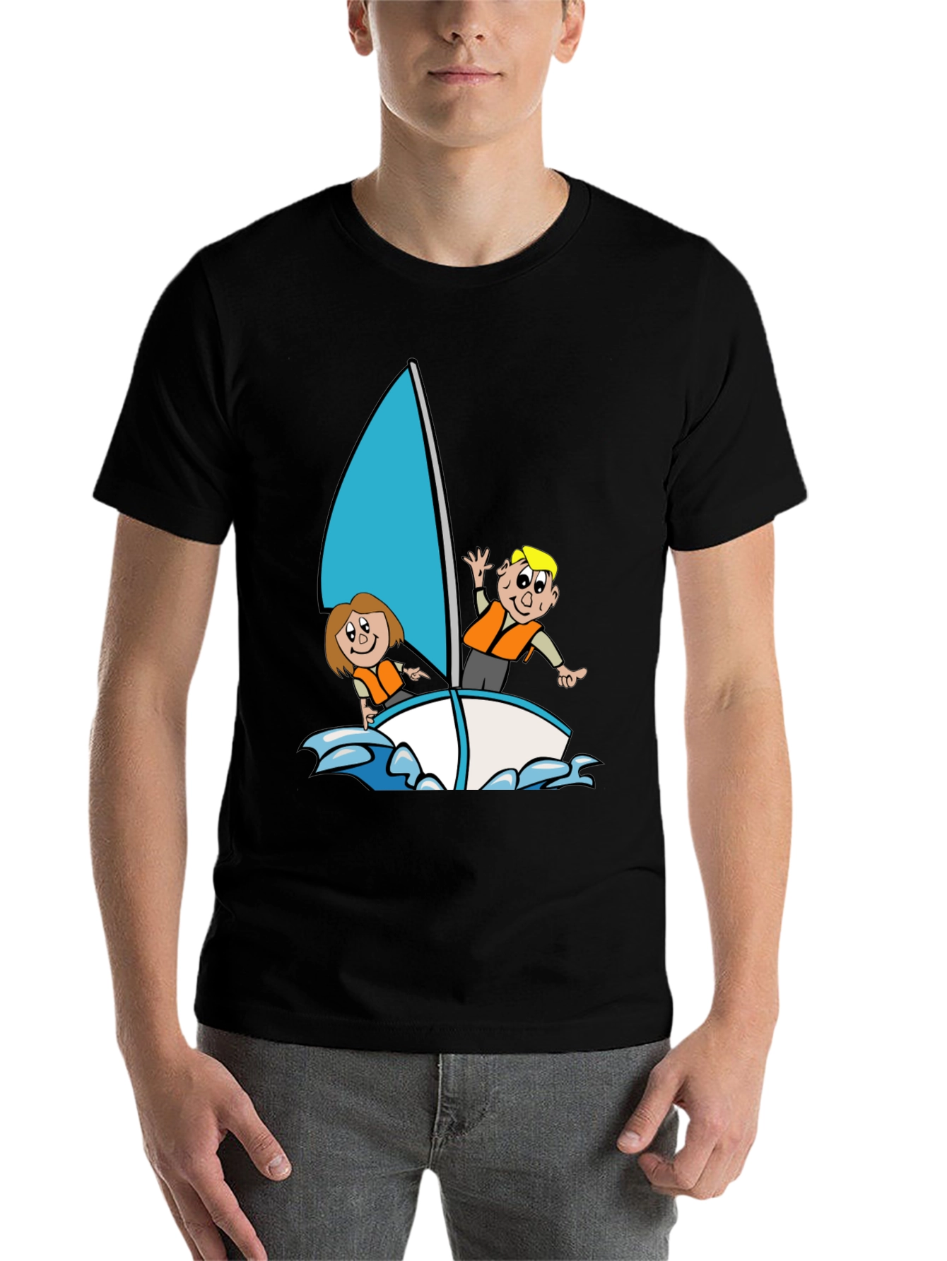 Black Cartoon Sailboat Graphic T-Shirt - Black Crew Neck view 7
