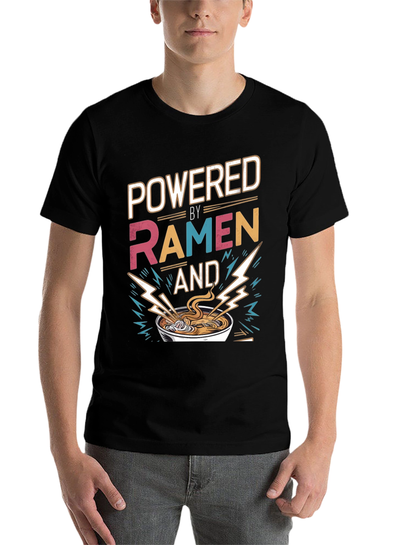 Black Powered By Ramen T-Shirt - Graphic Tee, Foodie Fashion view 7